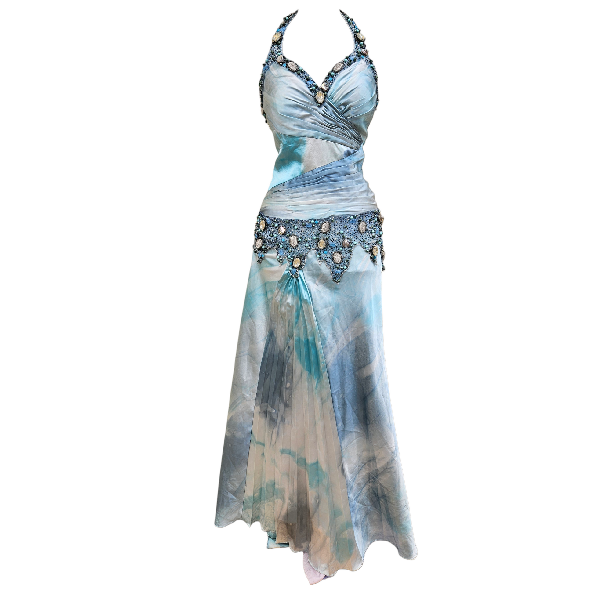 Vintage turquoise and silver beaded halter evening gown with flowing draped skirt, dreamy fairycore and Y2K prom dress aesthetic by Lucid Dream 2007.