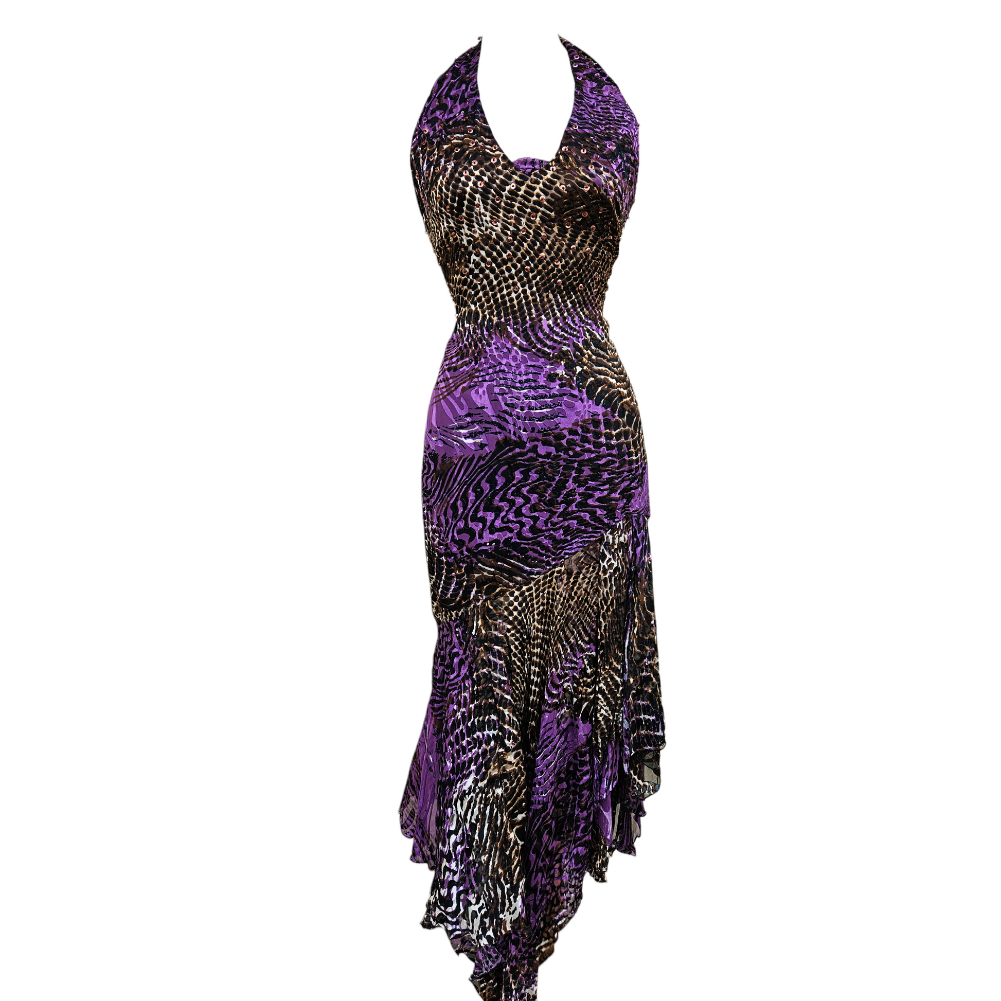 Vintage purple animal print halter dress with sequins and asymmetrical hem, bold Y2K fairycore glam evening dress by Lucid Dream 2007.