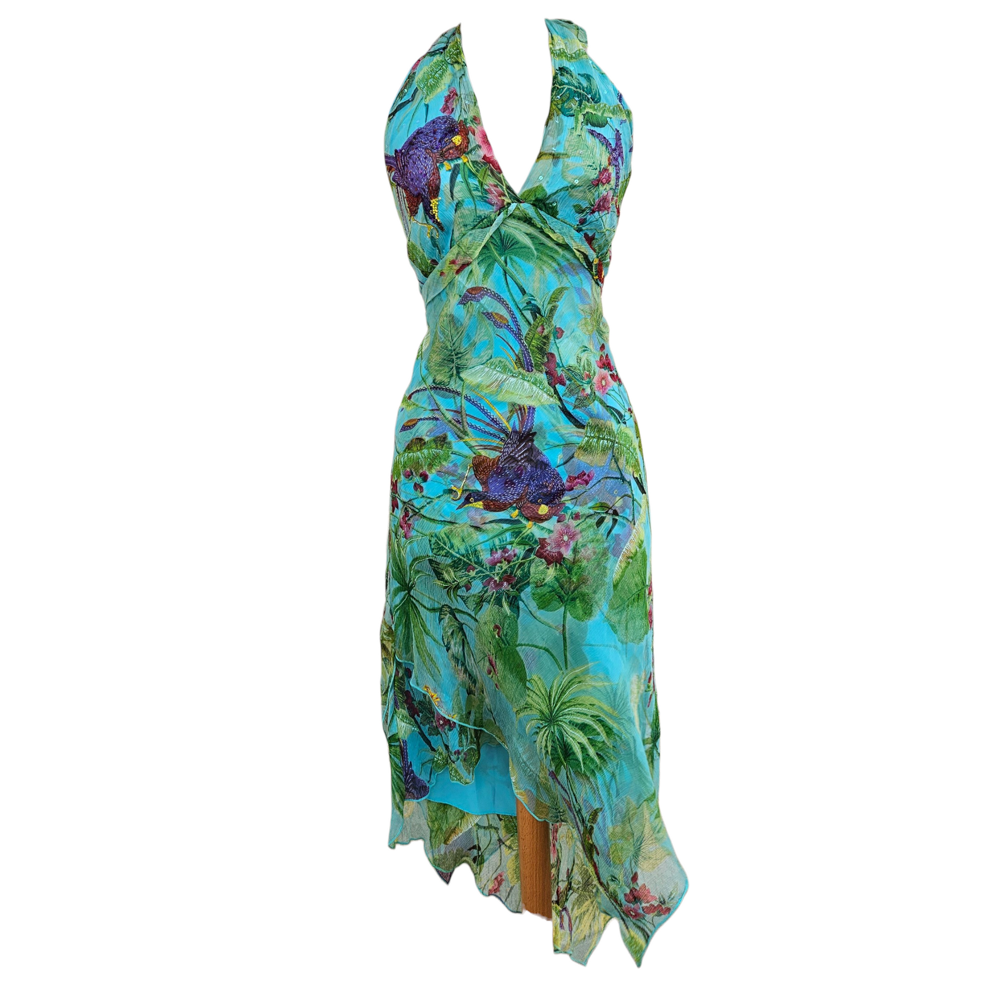 Vintage tropical halter dress with jungle print and layered chiffon hem, dreamy Y2K island fairy vibe by Lucid Dream 2007.