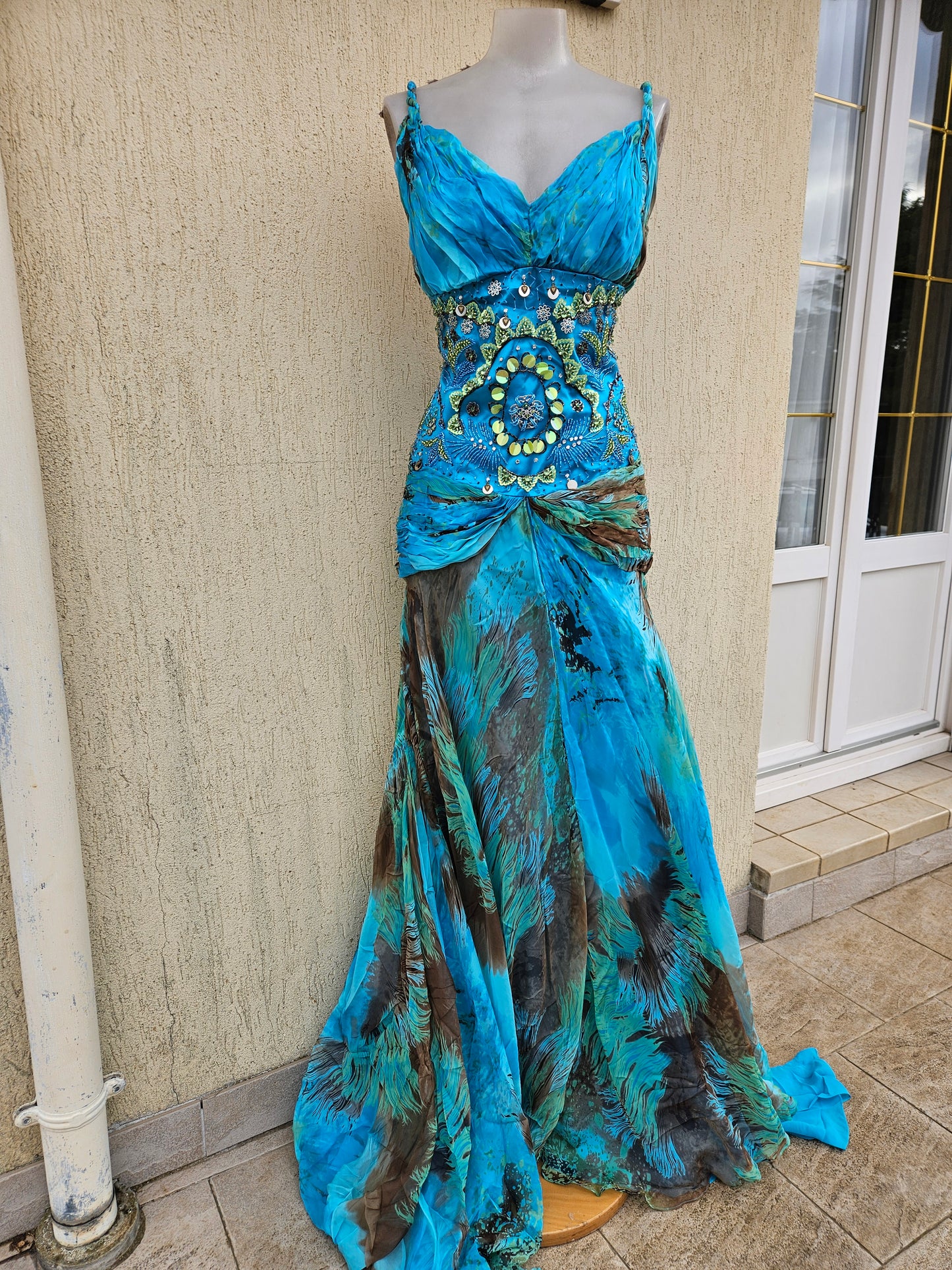 Long blue embroidered silk dress