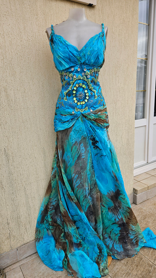 Vintage turquoise beaded evening dress with braided straps and flowing abstract print skirt, dreamy Y2K fairycore prom gown by Lucid Dream 2007.