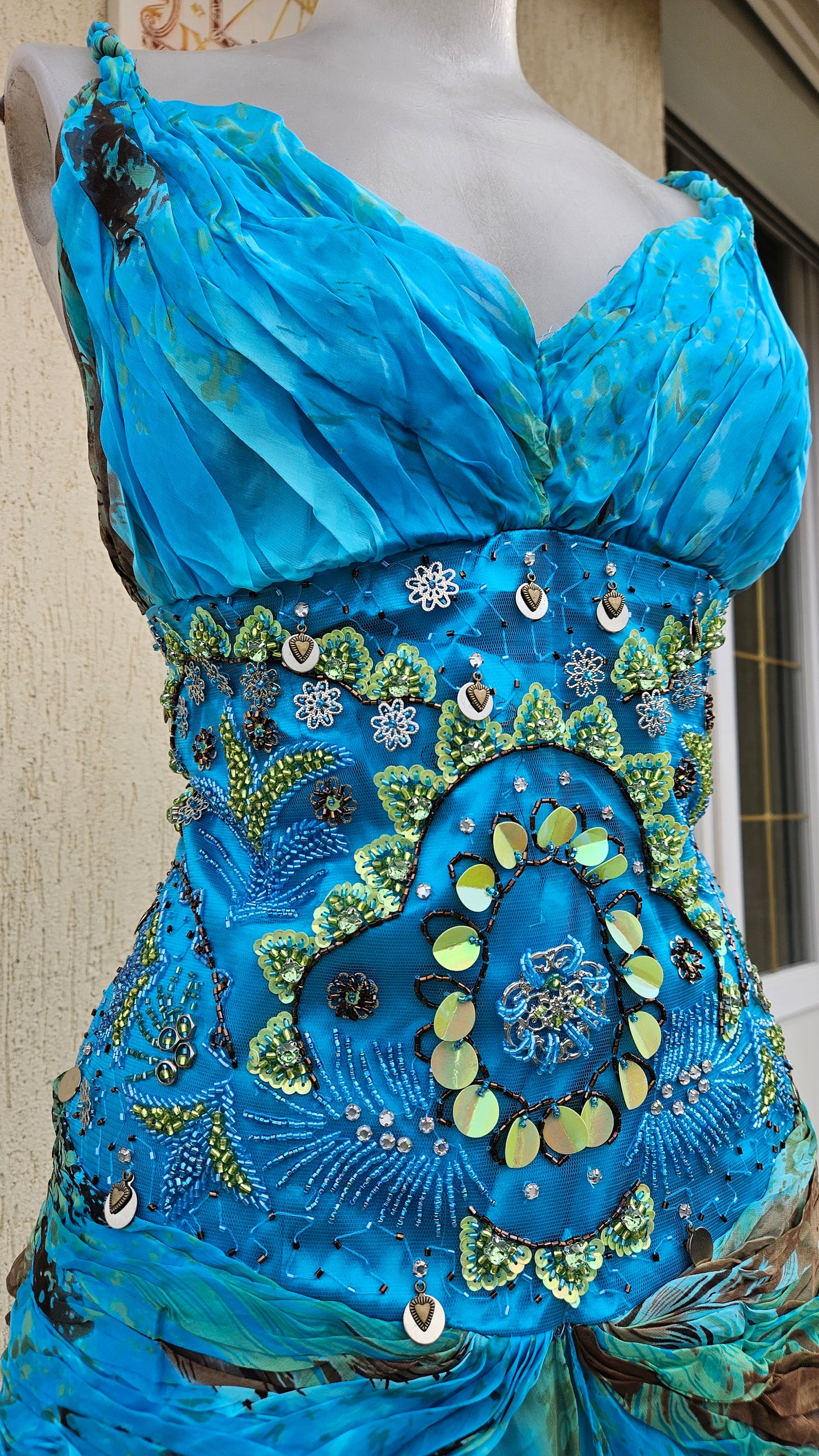 Long blue embroidered silk dress
