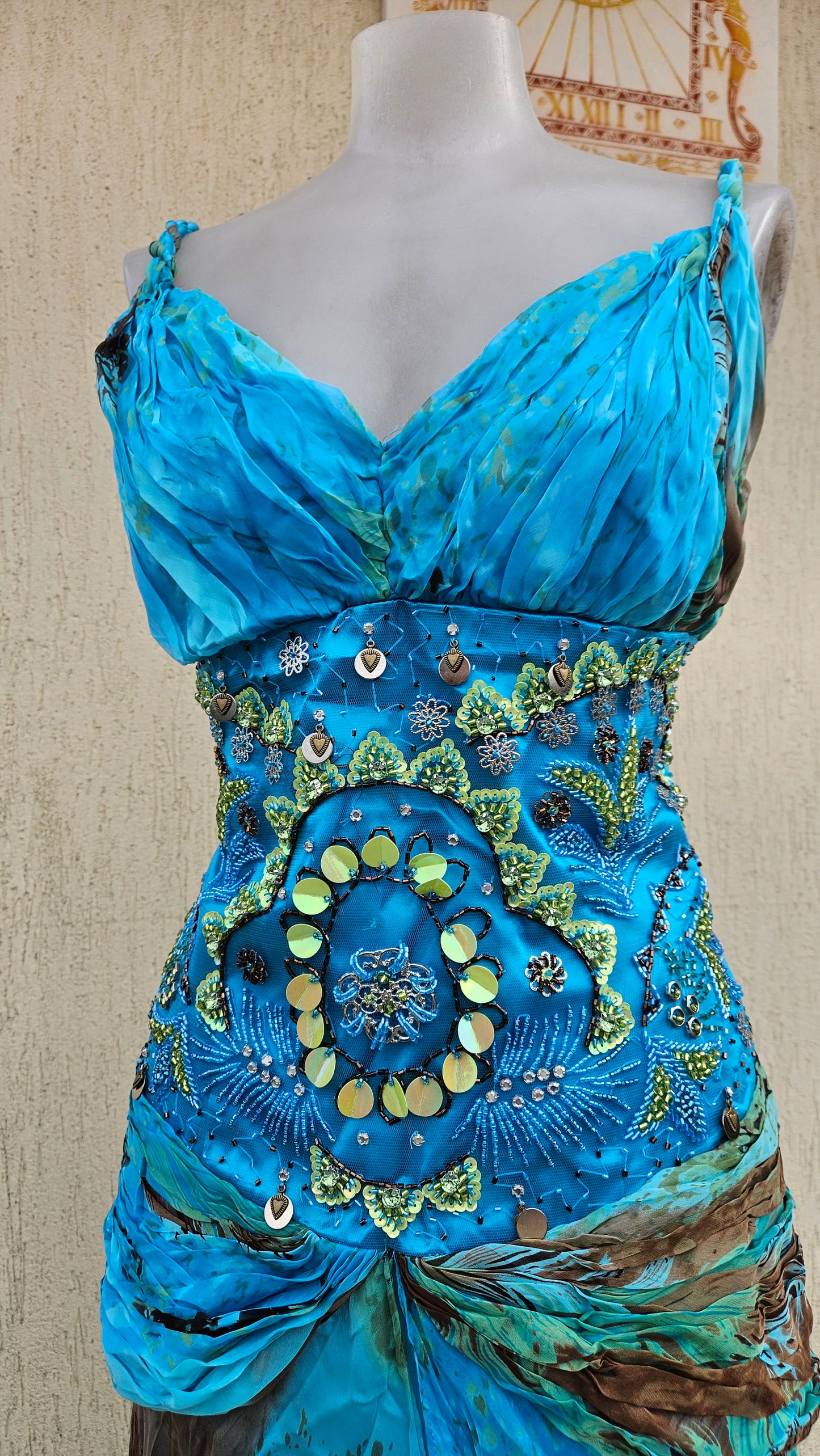 Long blue embroidered silk dress
