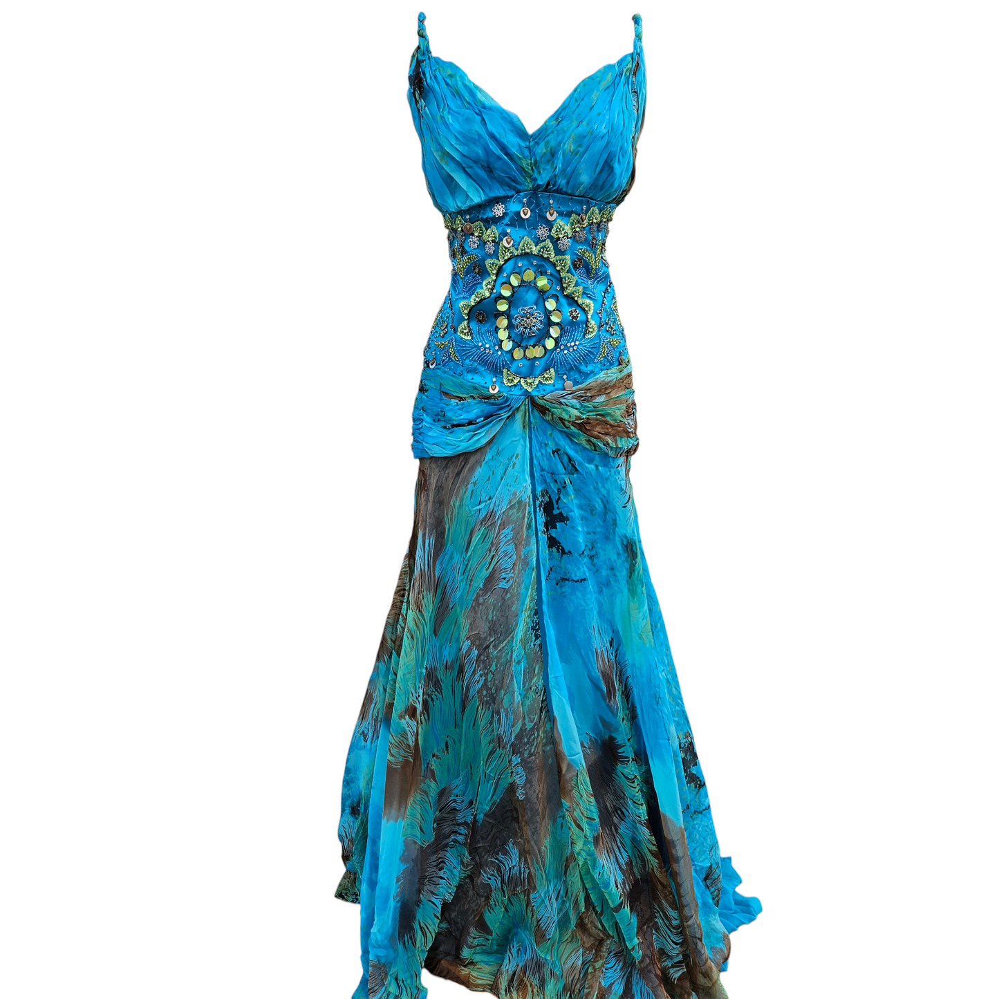 Vintage turquoise beaded evening dress with braided straps and flowing abstract print skirt, dreamy Y2K fairycore prom gown by Lucid Dream 2007.