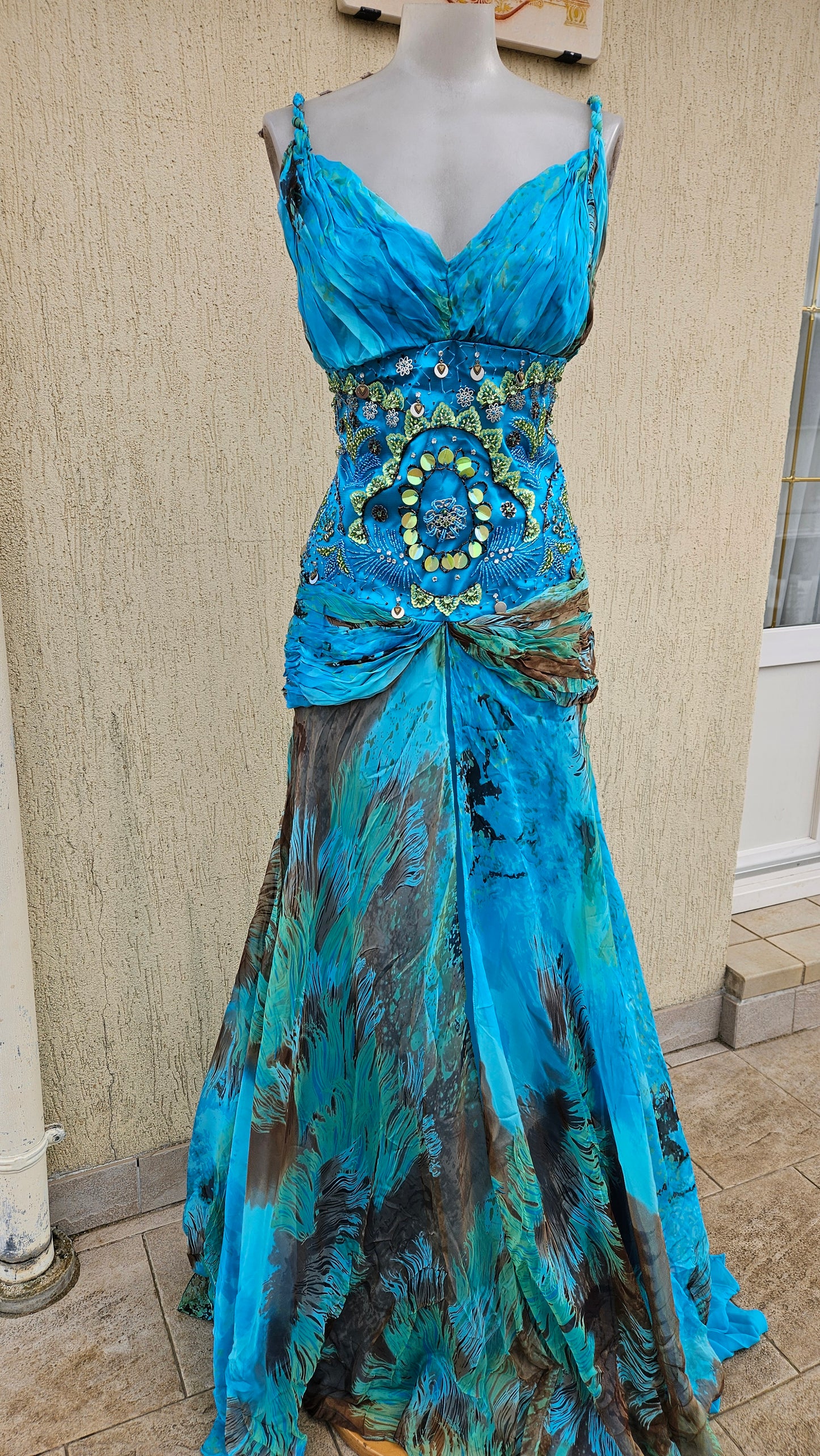 Long blue embroidered silk dress