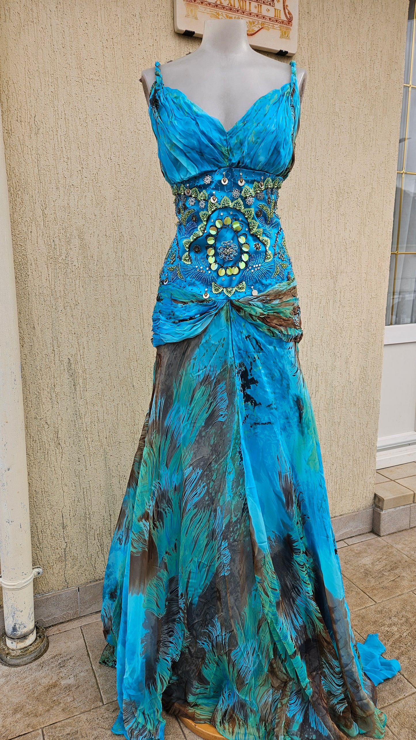 Long blue embroidered silk dress