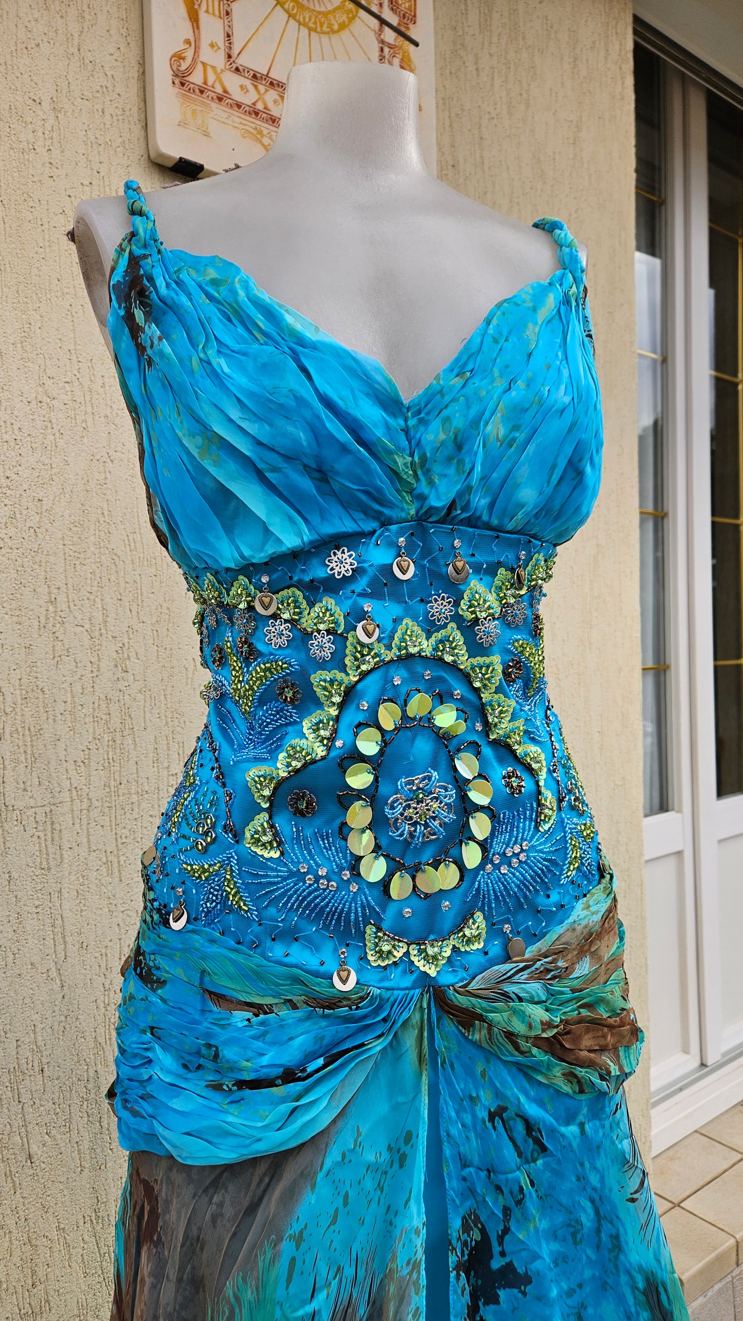 Long blue embroidered silk dress