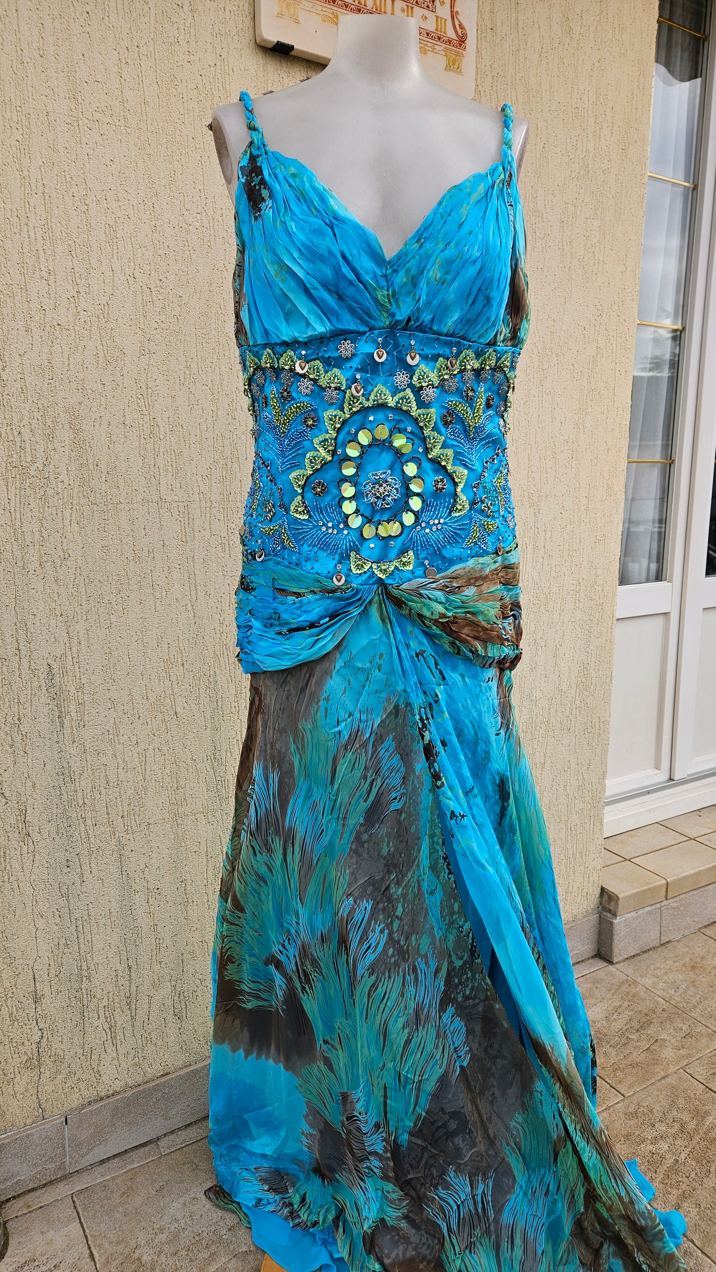 Long blue embroidered silk dress