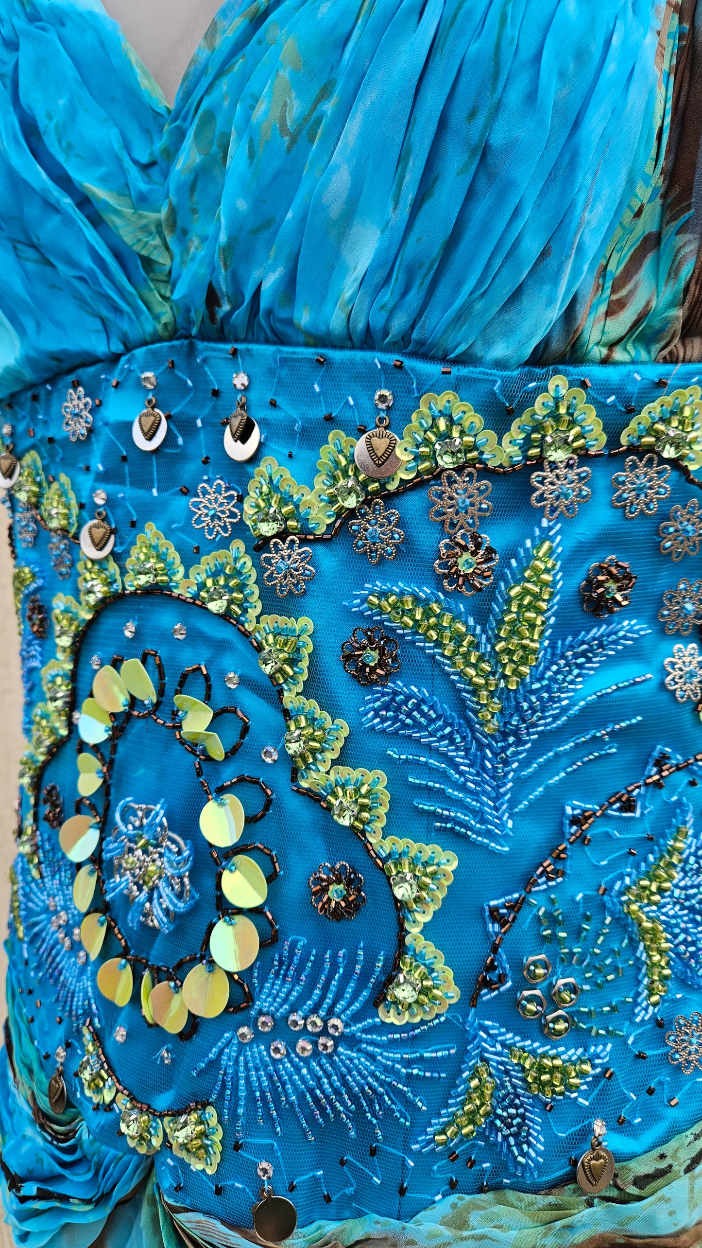 Long blue embroidered silk dress