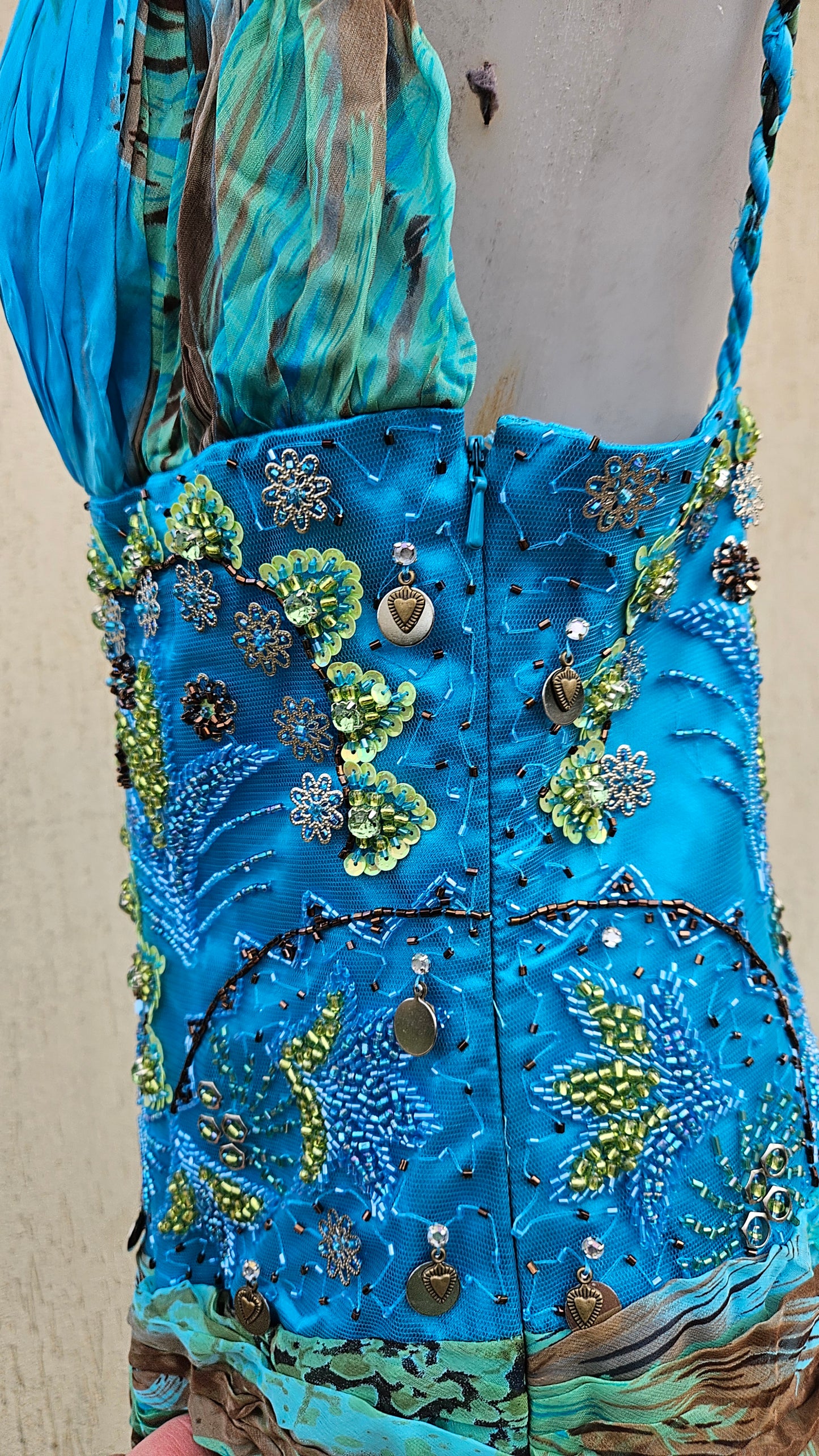 Long blue embroidered silk dress