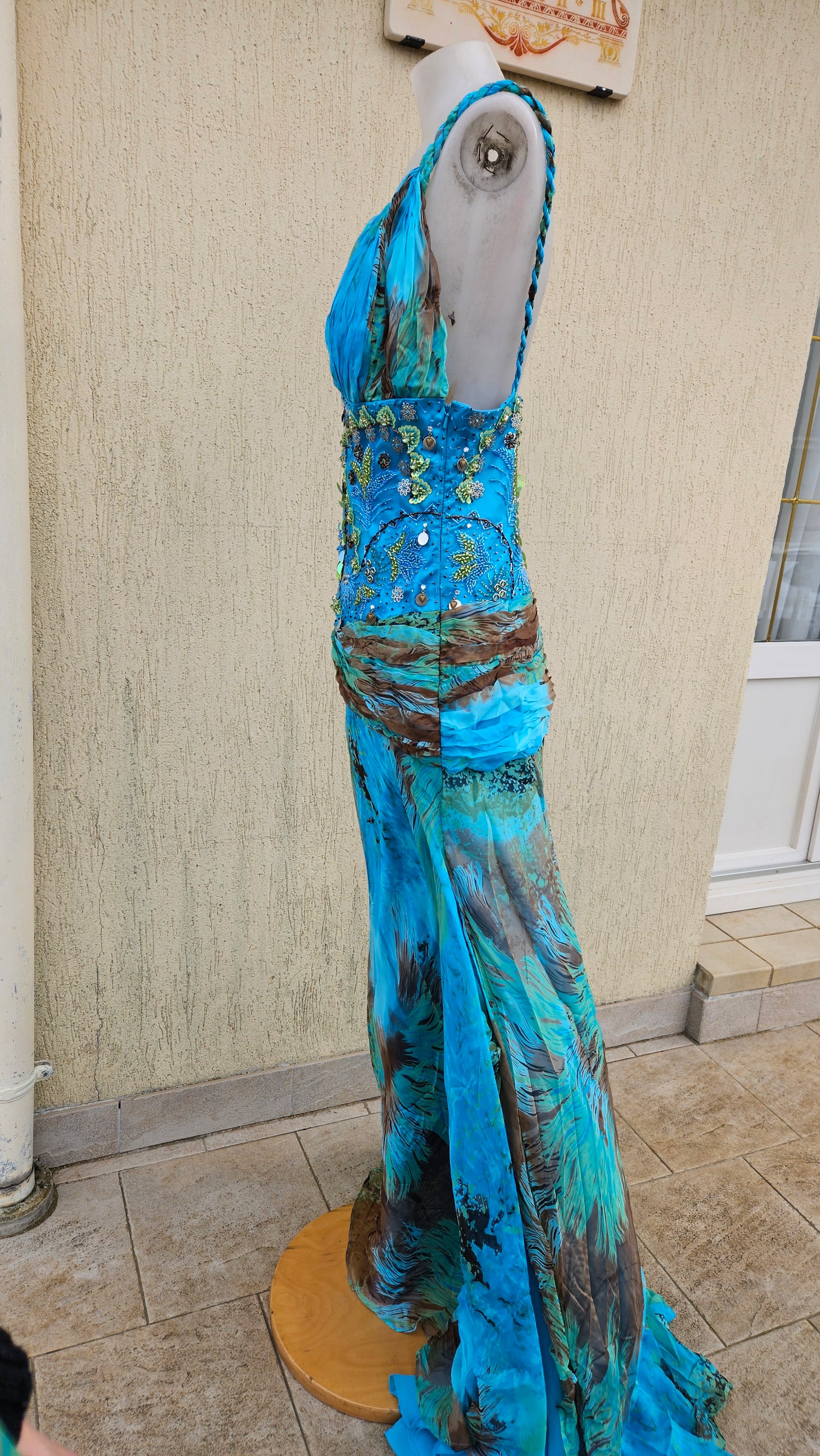 Long blue embroidered silk dress