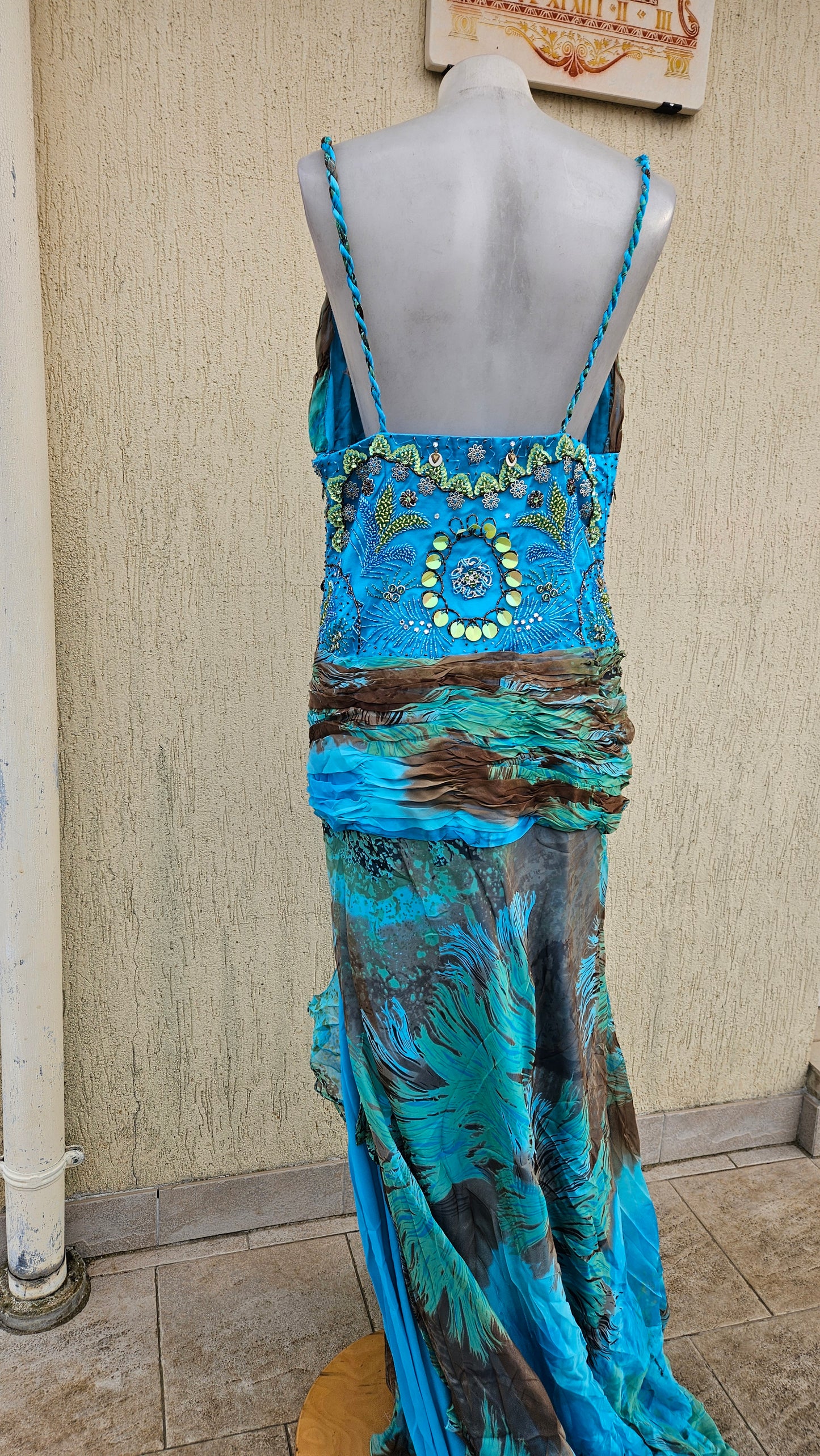 Long blue embroidered silk dress