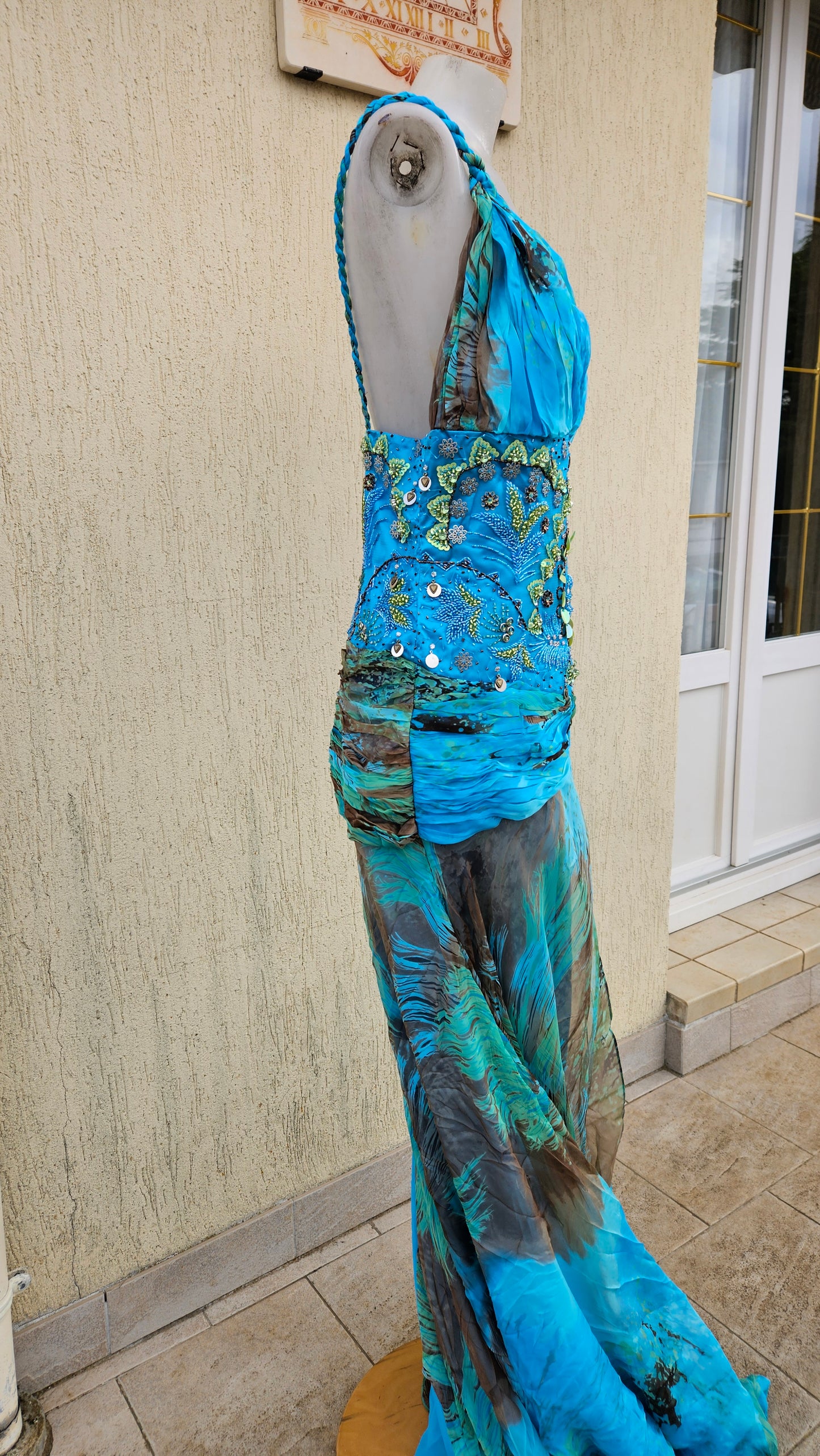Long blue embroidered silk dress