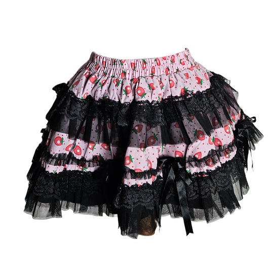 Vintage pink strawberry mini skirt with black lace and tulle ruffles, playful Y2K fairycore vibe by Lucid Dream 2007.