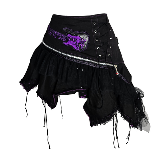 Vintage Living Dead Souls black asymmetrical mini skirt with purple guitar embroidery and lace ruffles, gothic Y2K piece by Lucid Dream 2007.