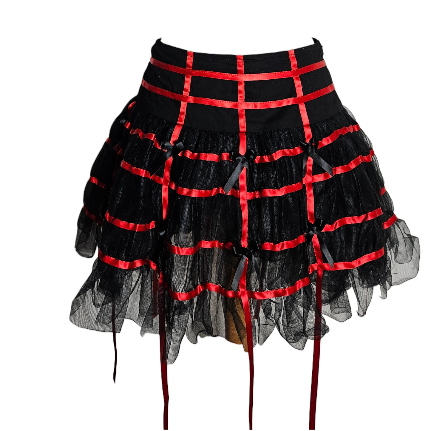 Vintage Hell Bunny black and red ruffle mini skirt with satin ribbon details, gothic Y2K statement piece by Lucid Dream 2007.