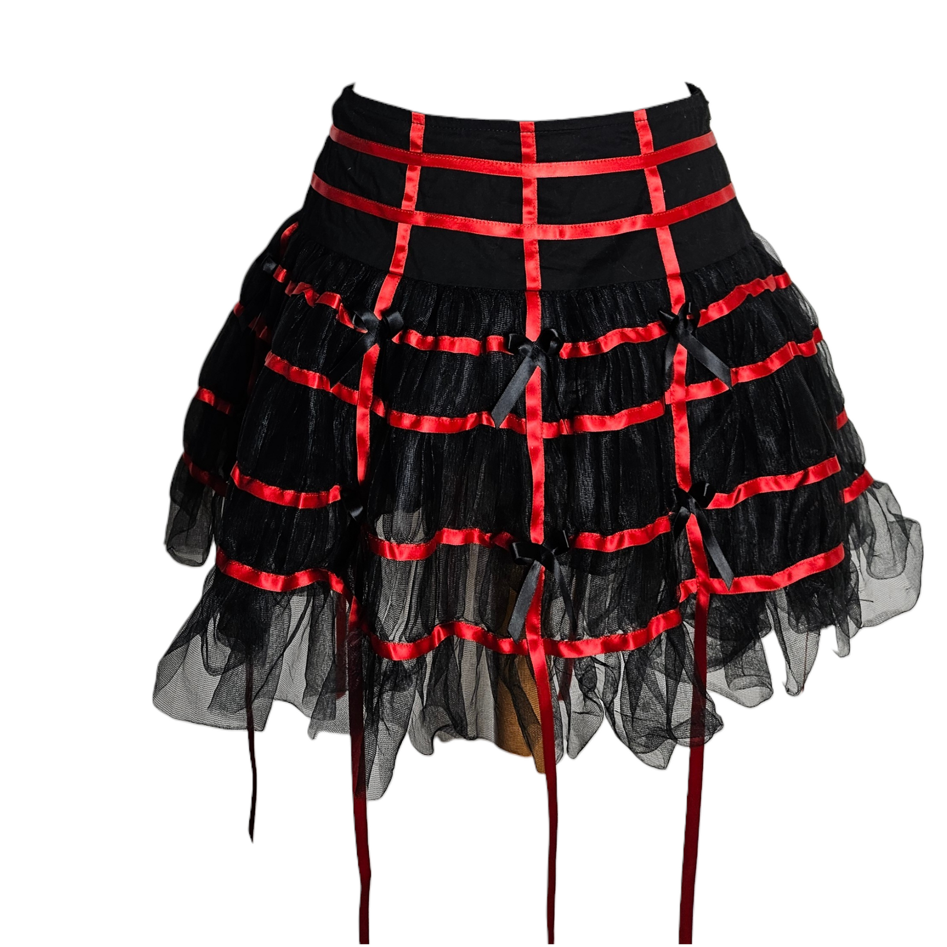 Vintage Hell Bunny black and red ruffle mini skirt with satin ribbon details, gothic Y2K statement piece by Lucid Dream 2007.