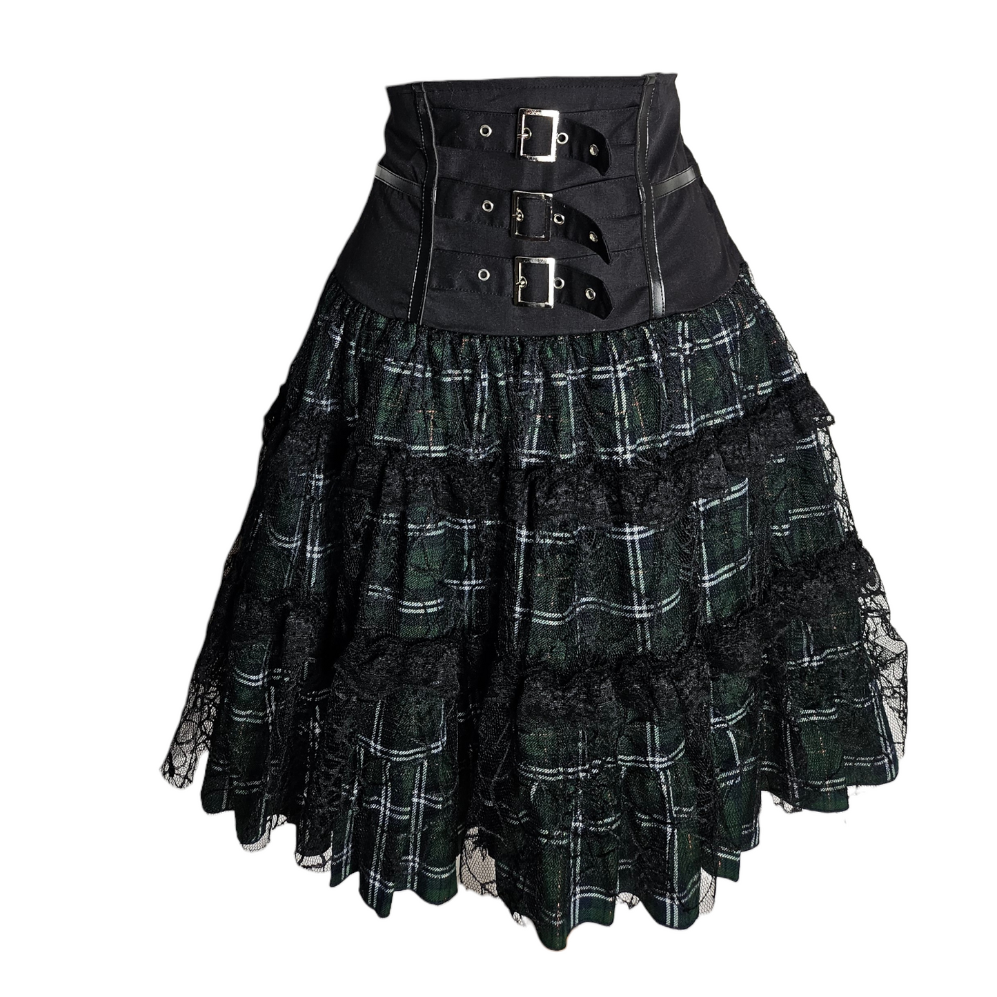 Vintage green tartan mini skirt with black lace ruffles and buckle corset waist, gothic punk Y2K vibe by Lucid Dream 2007.