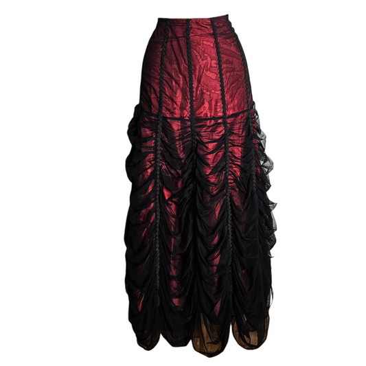 Vintage gothic red and black layered skirt with dramatic draped mesh overlay, Y2K gothic fairycore statement maxi skirt