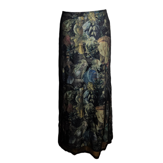 Vintage renaissance painting print mesh skirt with ethereal artwork pattern, dreamy whimsigoth fairycore aesthetic with romantic dark academia vibes.