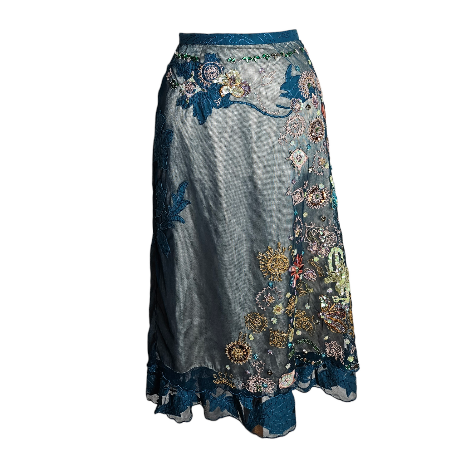 Vintage embroidered teal mesh skirt with floral beading, fairycore Y2K dreamy sheer overlay romantic statement skirt