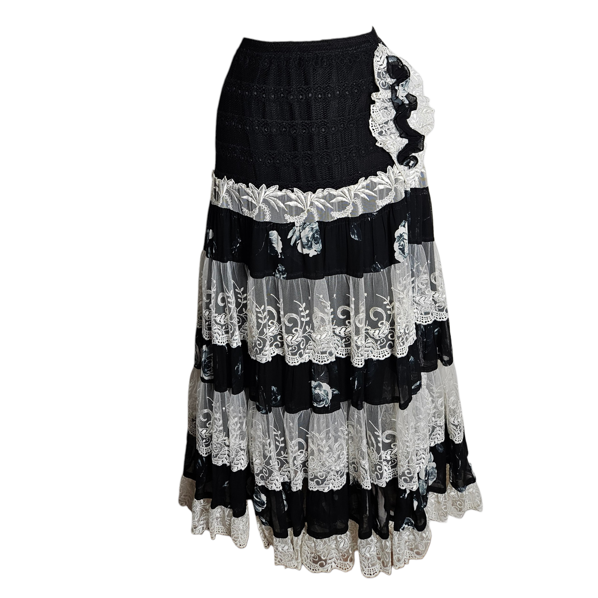 Vintage black and white lace tiered midi skirt, romantic gothic fairycore Y2K silhouette made in Italy by Lucid Dream 2007.