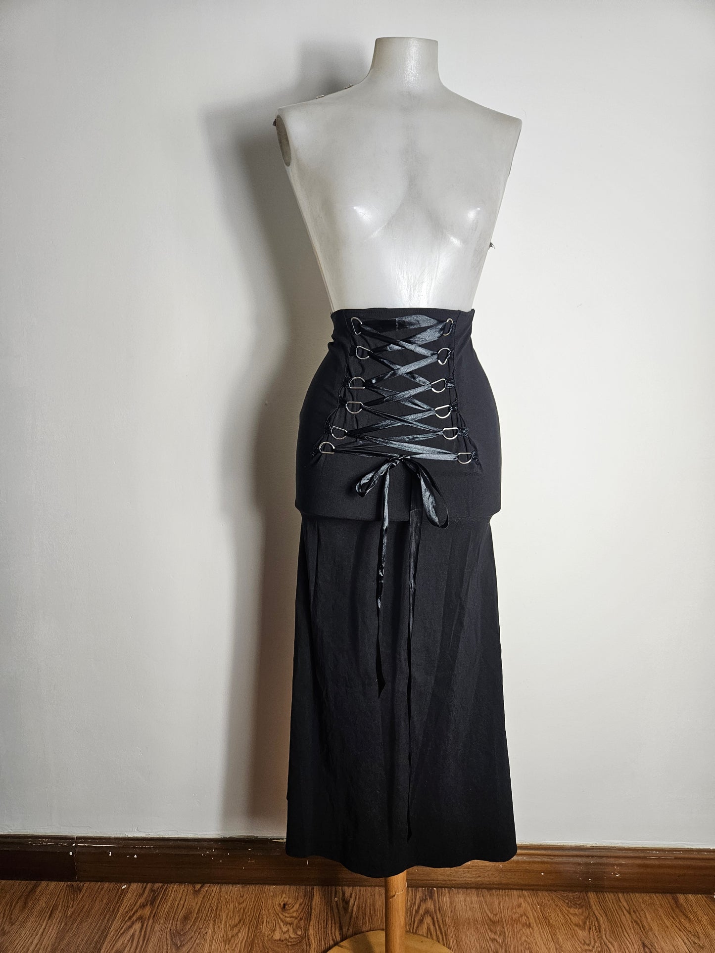 Black flared skirt with lace-up detail