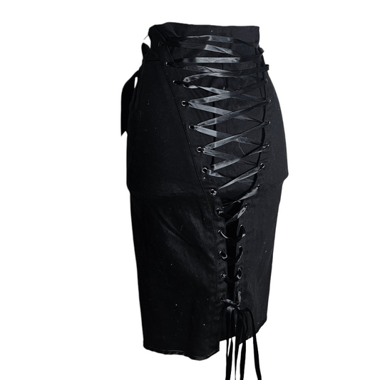 Vintage black lace-up midi skirt with satin ribbon corset back and gothic Y2K silhouette by Lucid Dream 2007.