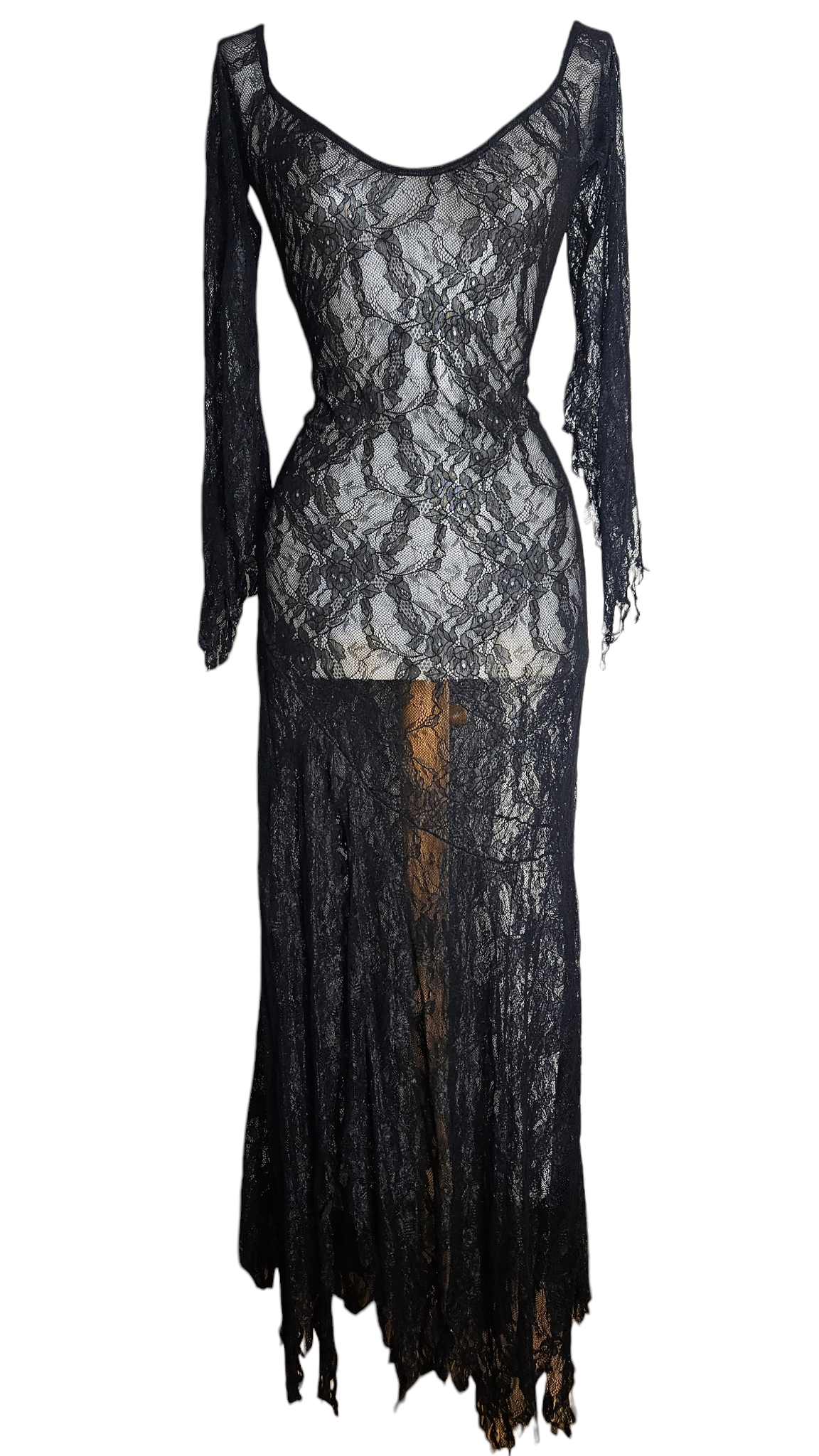 Vintage sheer black lace dress with gothic fairycore Y2K aesthetic, dramatic romantic long sleeve lace gown with ethereal silhouette