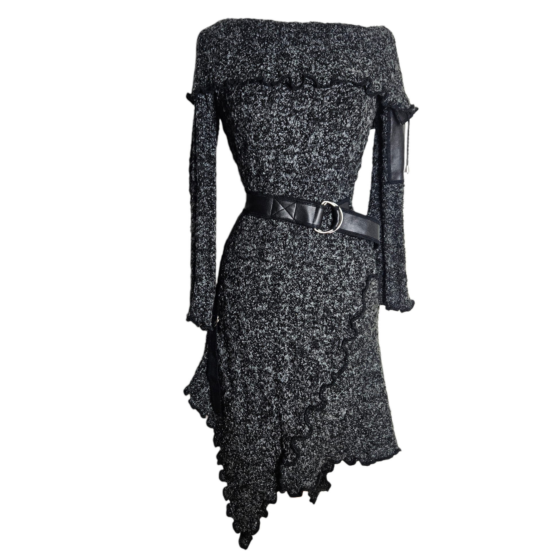 Vintage French textured knit dress with asymmetrical hem and gothic fairycore silhouette, soft whimsigoth winter aesthetic, Y2K romantic reverie mood.