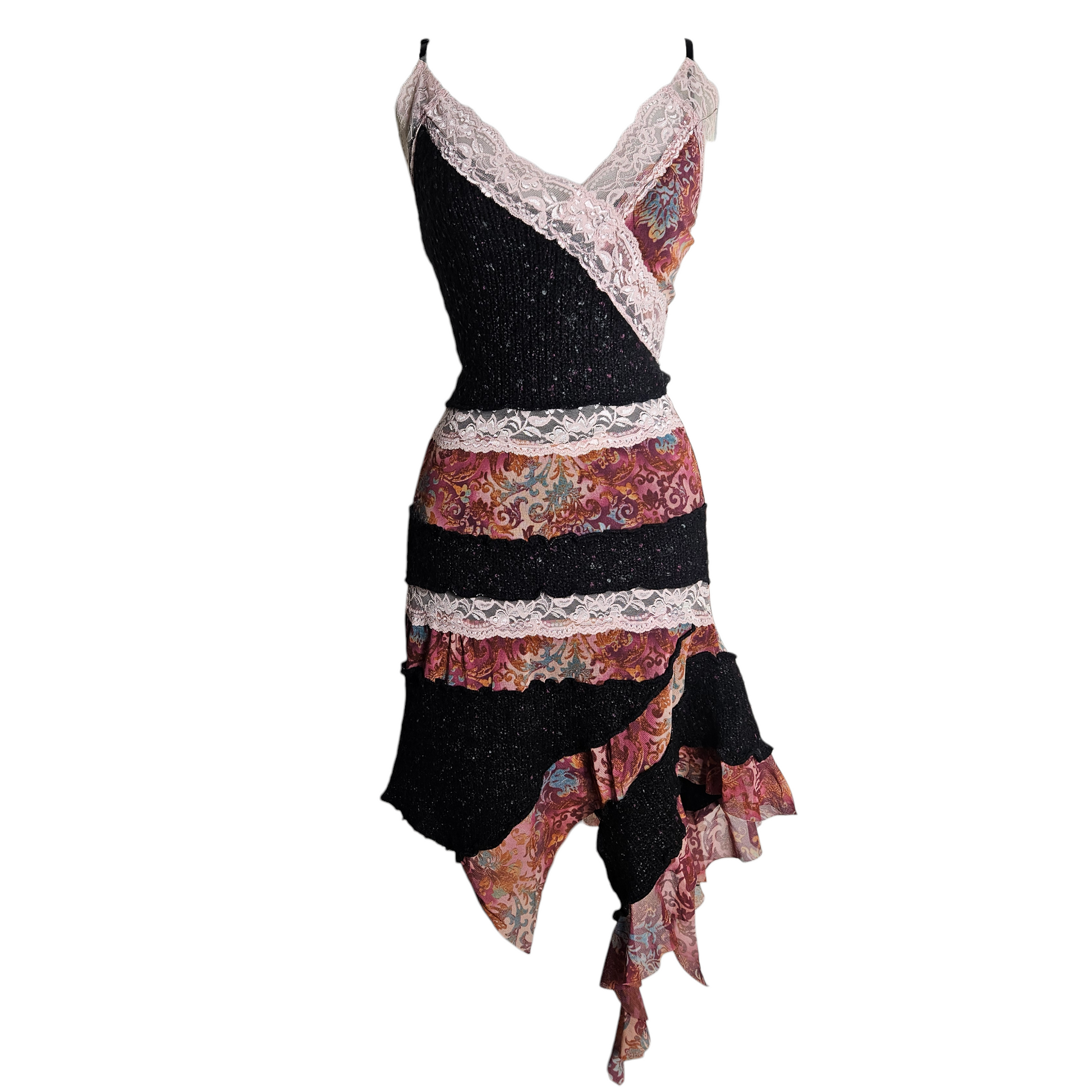 Vintage fairycore patchwork dress with lace trim and asymmetrical layered skirt, dreamy Y2K whimsigoth aesthetic with romantic textured fabrics.