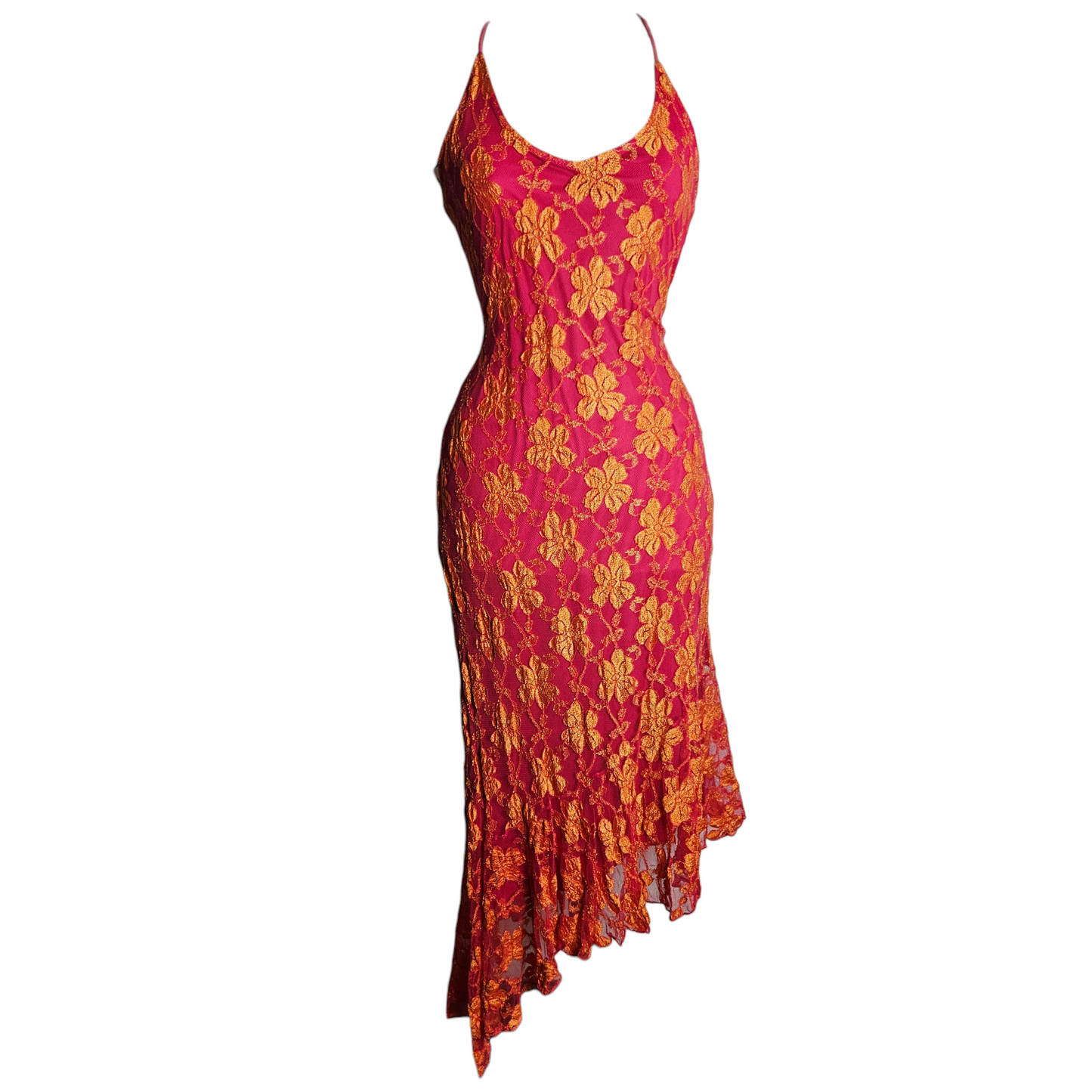 Robe dos nu en dentelle rose et orange