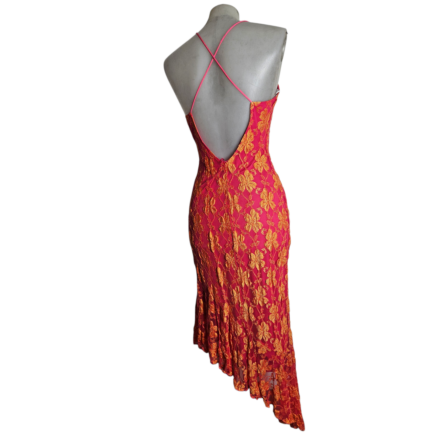 Robe dos nu en dentelle rose et orange