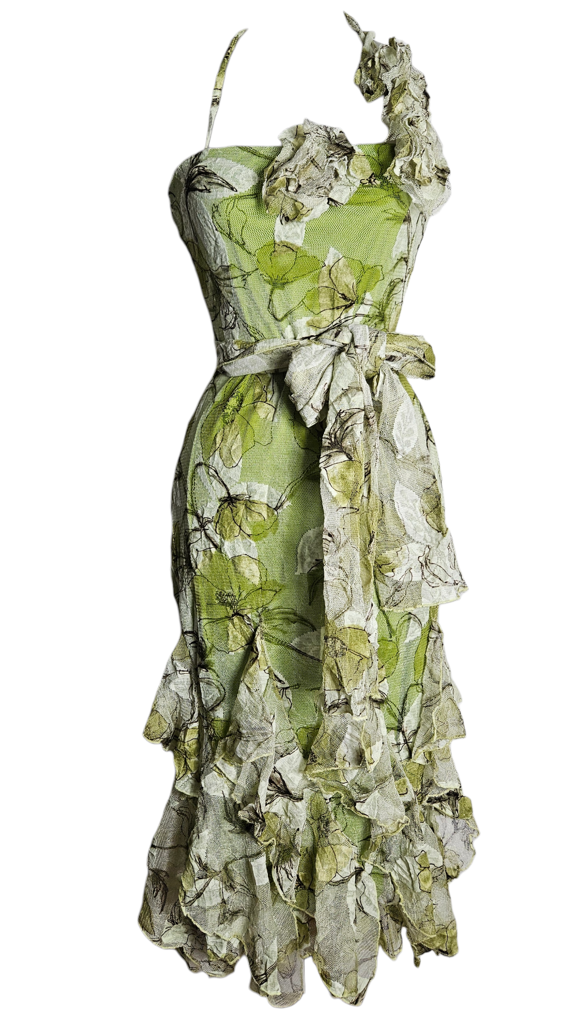 Vintage green floral ruffle dress with halter neckline and textured flowers, dreamy fairycore garden Y2K aesthetic romantic silhouette by Lucid Dream 2007.