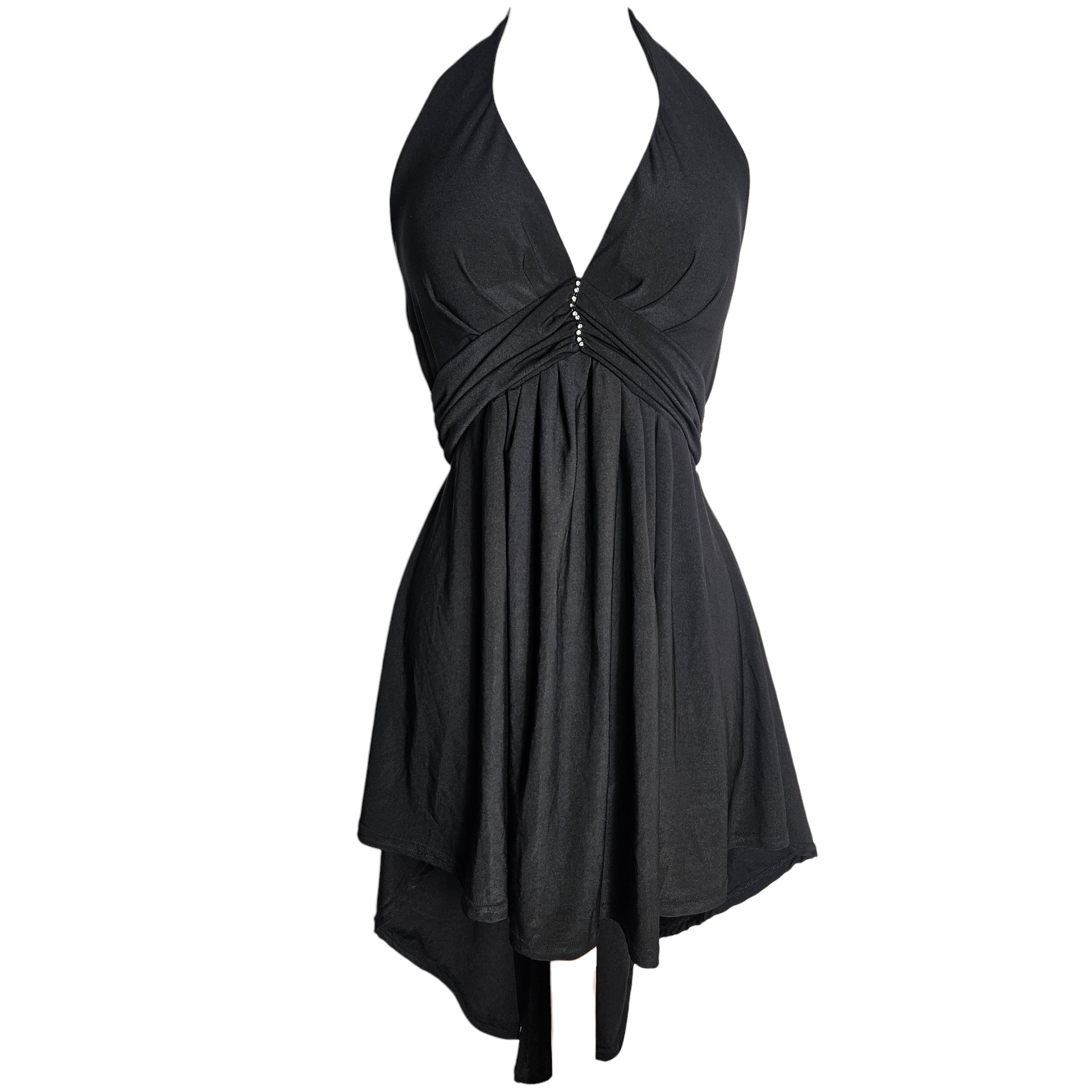 Vintage black halter dress with asymmetrical hem and rhinestone detail, elegant Y2K evening mini dress by Lucid Dream 2007.