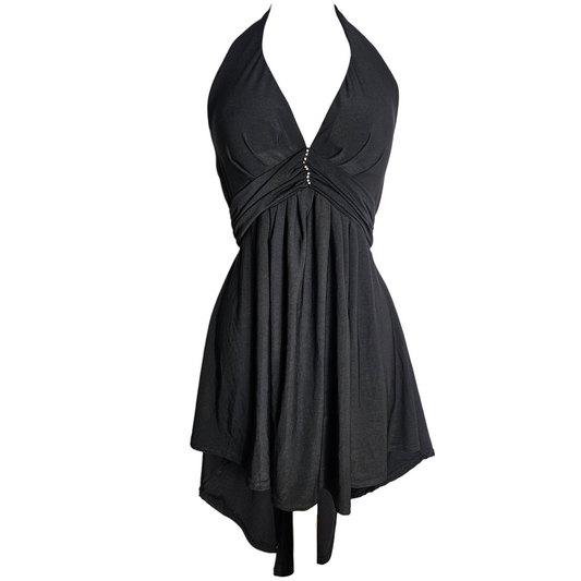 Vintage black halter dress with asymmetrical hem and rhinestone detail, elegant Y2K evening mini dress by Lucid Dream 2007.