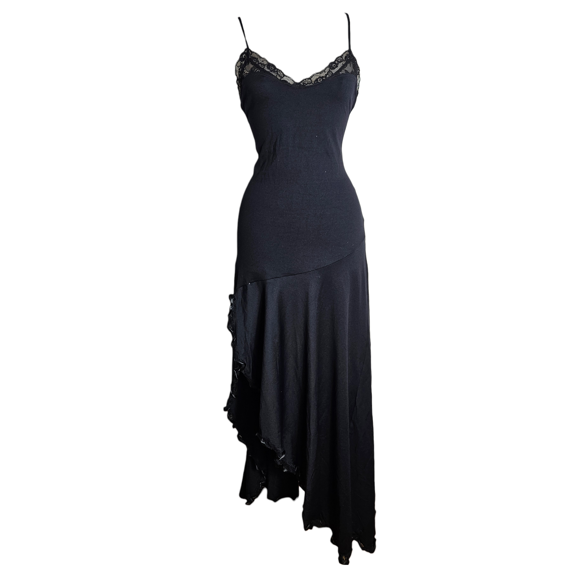 Vintage black slip dress with lace neckline and open cross-back straps, romantic dark fairycore and Y2K whimsigoth evening silhouette by Lucid Dream 2007.