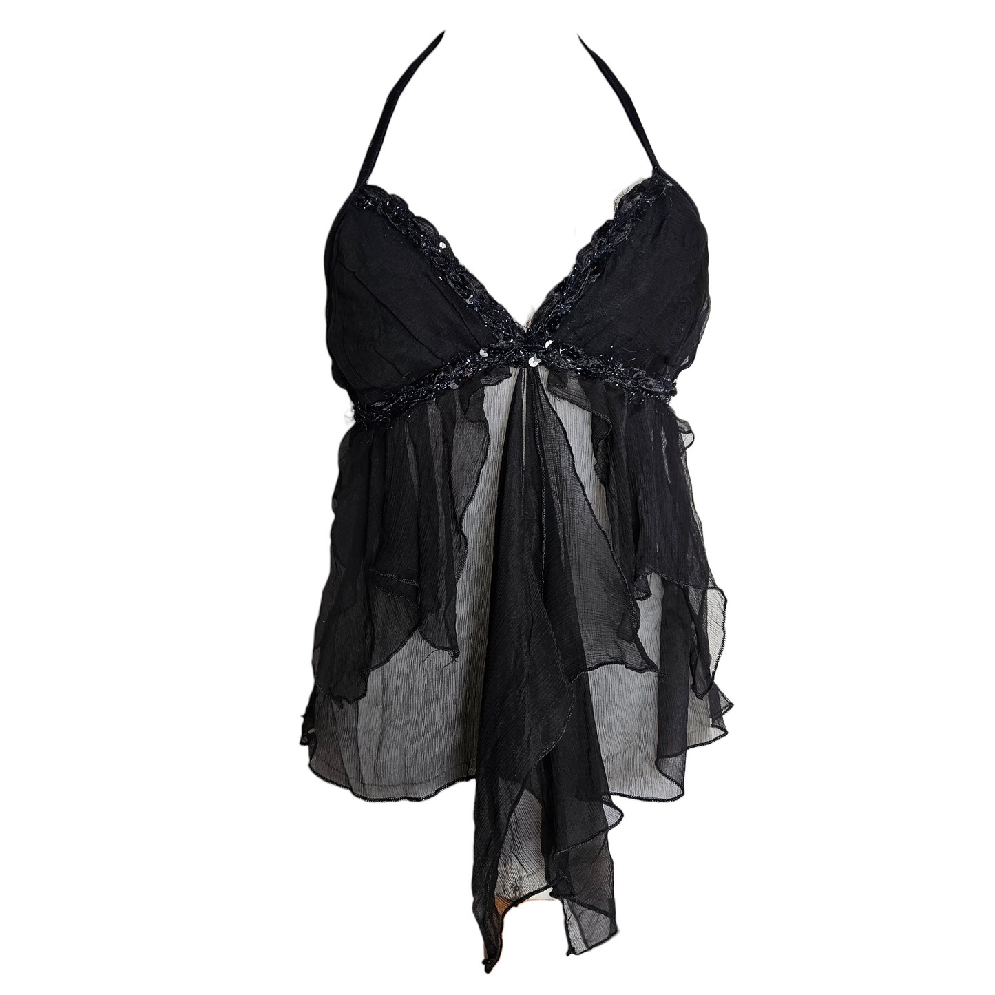 Vintage black silk fairycore babydoll top, sheer Y2K halter lingerie style with dreamy whimsigoth and ethereal reverie aesthetic.