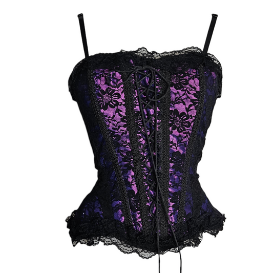 Vintage purple and black lace corset top, gothic Y2K bustier with whimsigoth and fairycore vibes, romantic alternative statement piece.