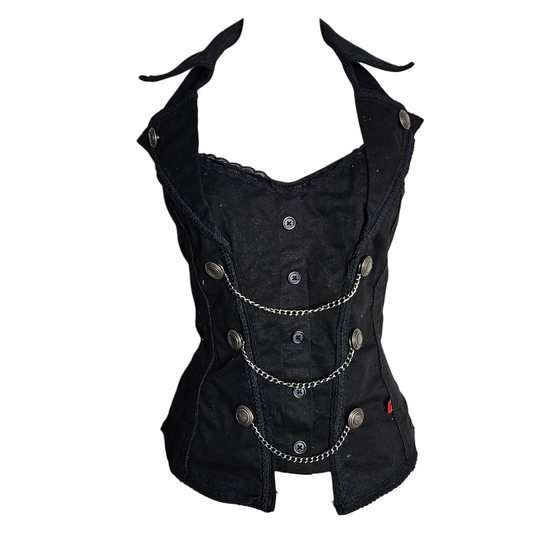 Vintage Tripp NYC black gothic corset top with chains and industrial details, iconic Y2K punk and whimsigoth aesthetic statement piece.