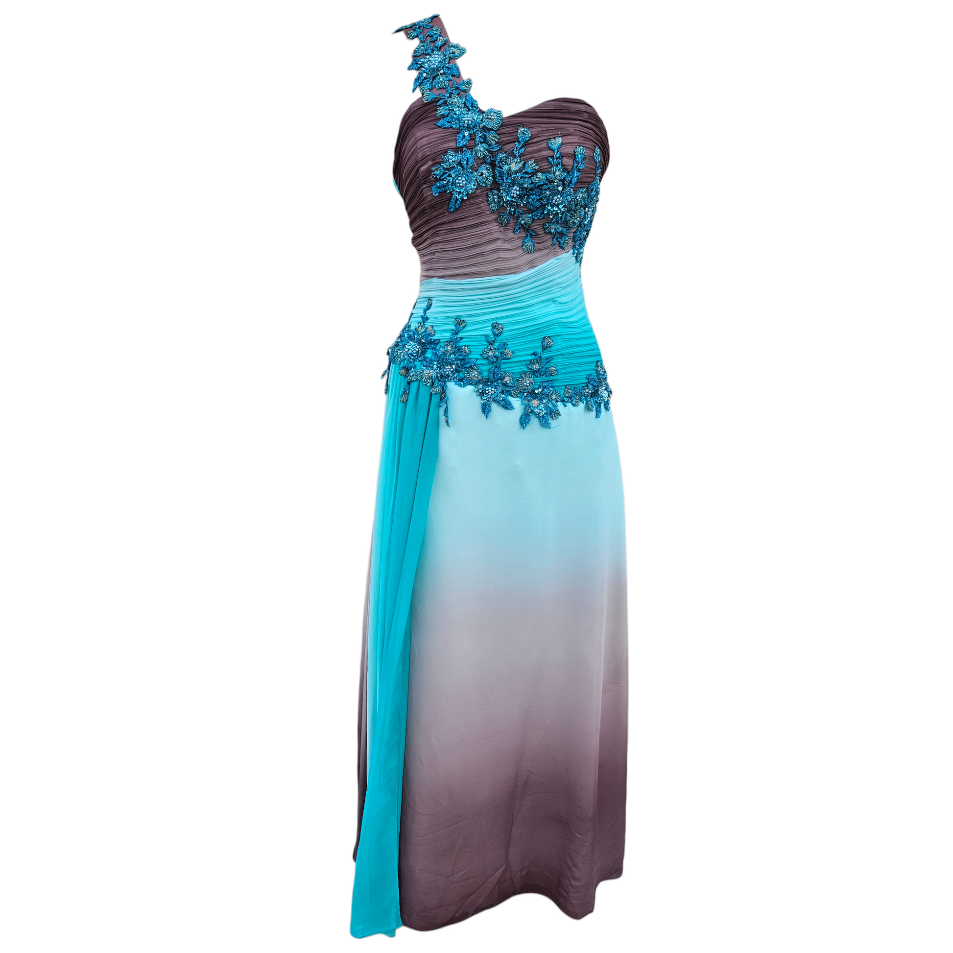 Vintage turquoise and taupe ombré evening gown with floral beaded embroidery and one-shoulder design, dreamy Y2K fairycore prom dress by Lucid Dream 2007.