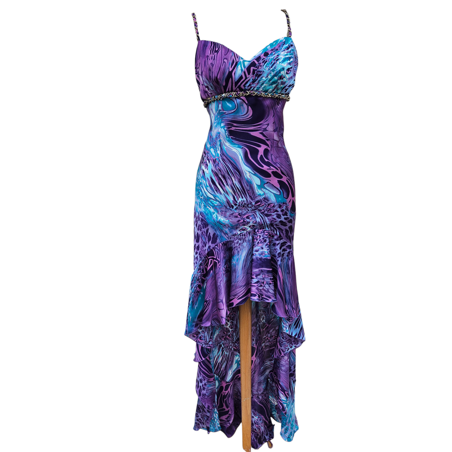Longue robe asymétrique tons bleus et violets