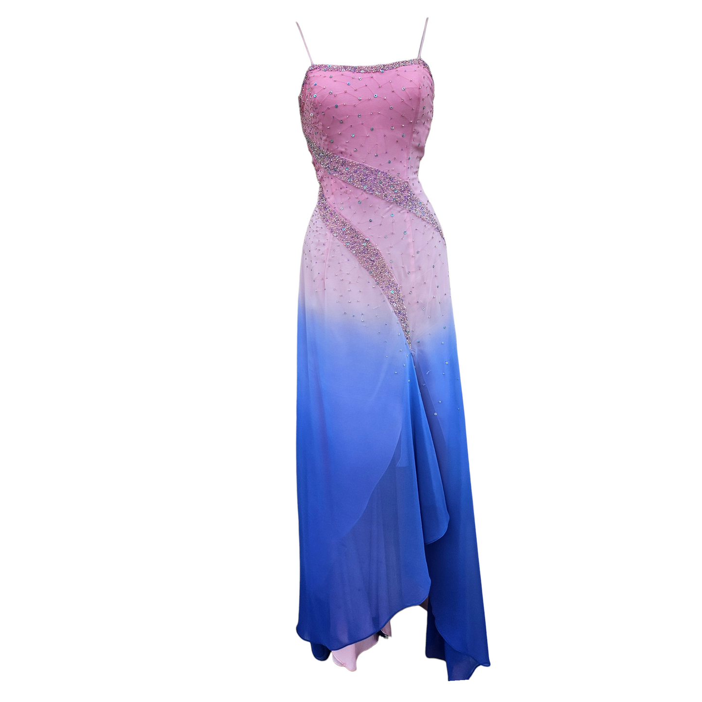 Vintage pink to blue ombré beaded evening dress with rhinestone details and delicate straps, dreamy Y2K fairycore prom gown by Lucid Dream 2007.
