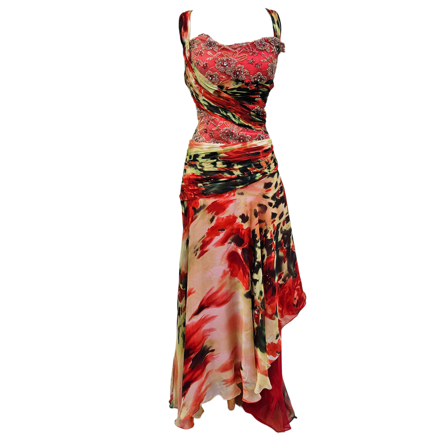 Vintage silk red abstract print evening dress with beaded embroidered bodice and flowing asymmetrical skirt, dreamy Y2K fairycore gown by Lucid Dream 2007.
