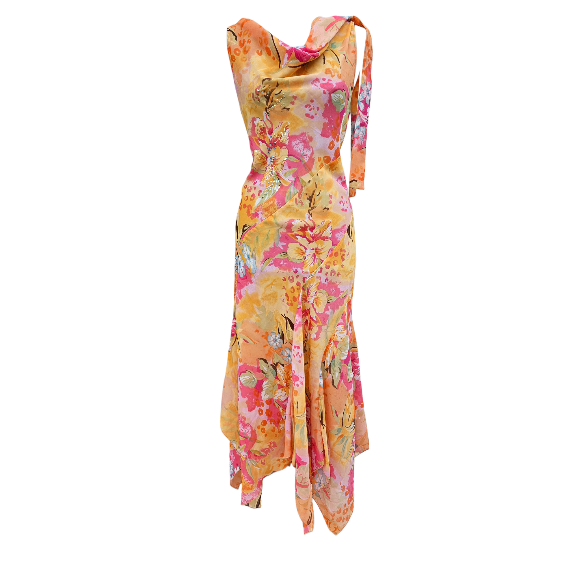 Vintage floral asymmetrical evening dress with draped neckline and flowing hem in warm sunset tones, dreamy Y2K fairycore prom dress by Lucid Dream 2007.