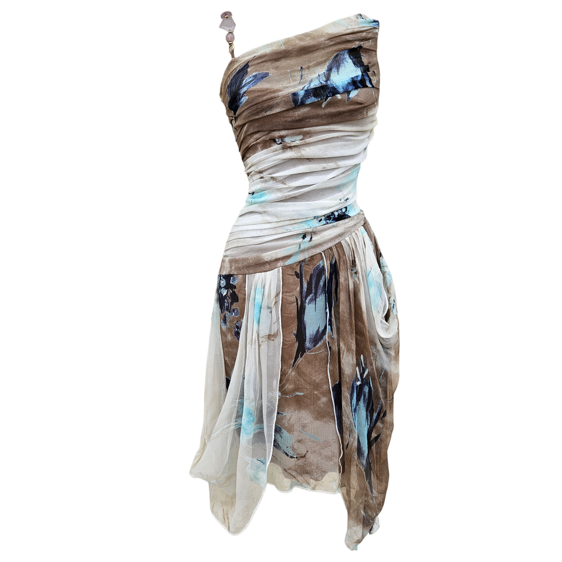 Vintage one-shoulder asymmetrical dress with soft draped chiffon and abstract blue and brown print, dreamy Y2K fairycore evening dress by Lucid Dream 2007.