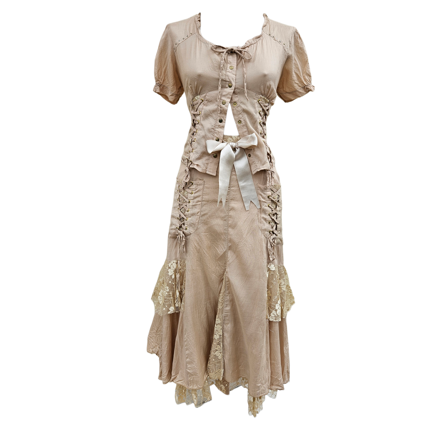 Vintage beige lace-up top and skirt set with floral lace inserts and ribbon bow, dreamy Y2K fairycore cottagecore outfit by Lucid Dream 2007.