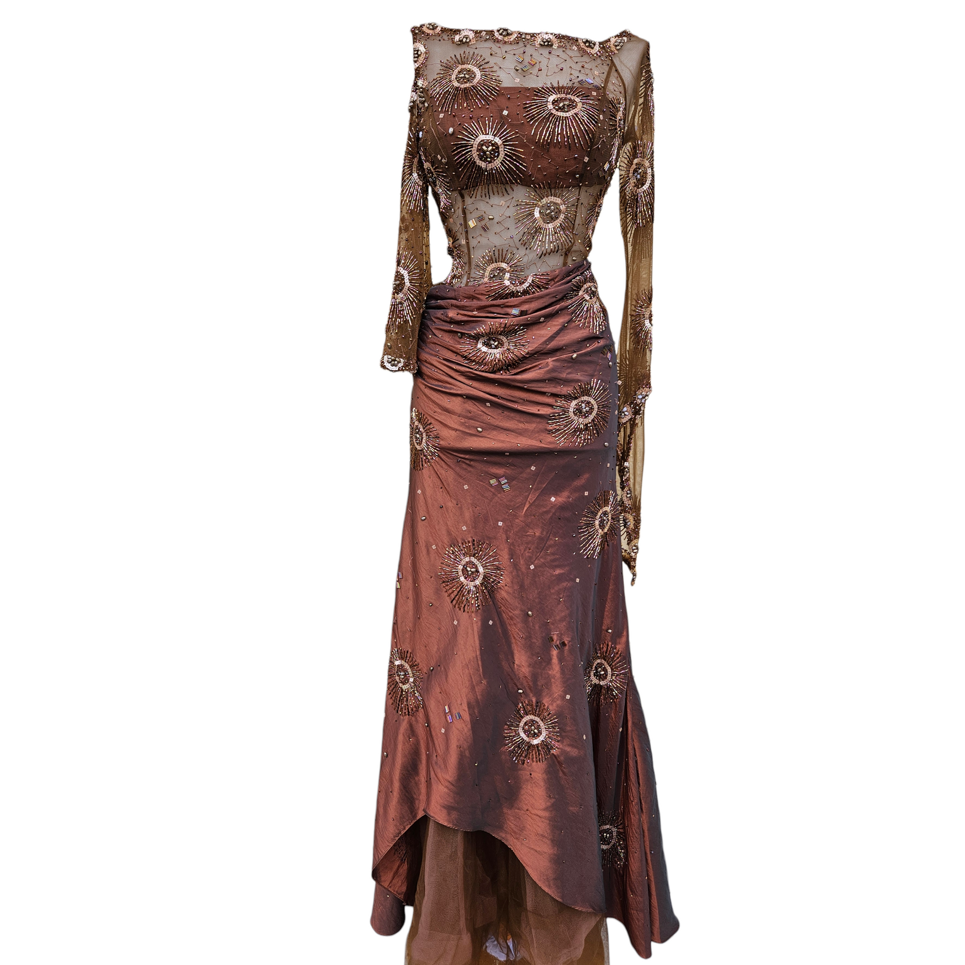 Vintage copper brown beaded evening gown with sheer sleeves and celestial embroidery, dreamy Y2K fairycore formal dress by Lucid Dream 2007.