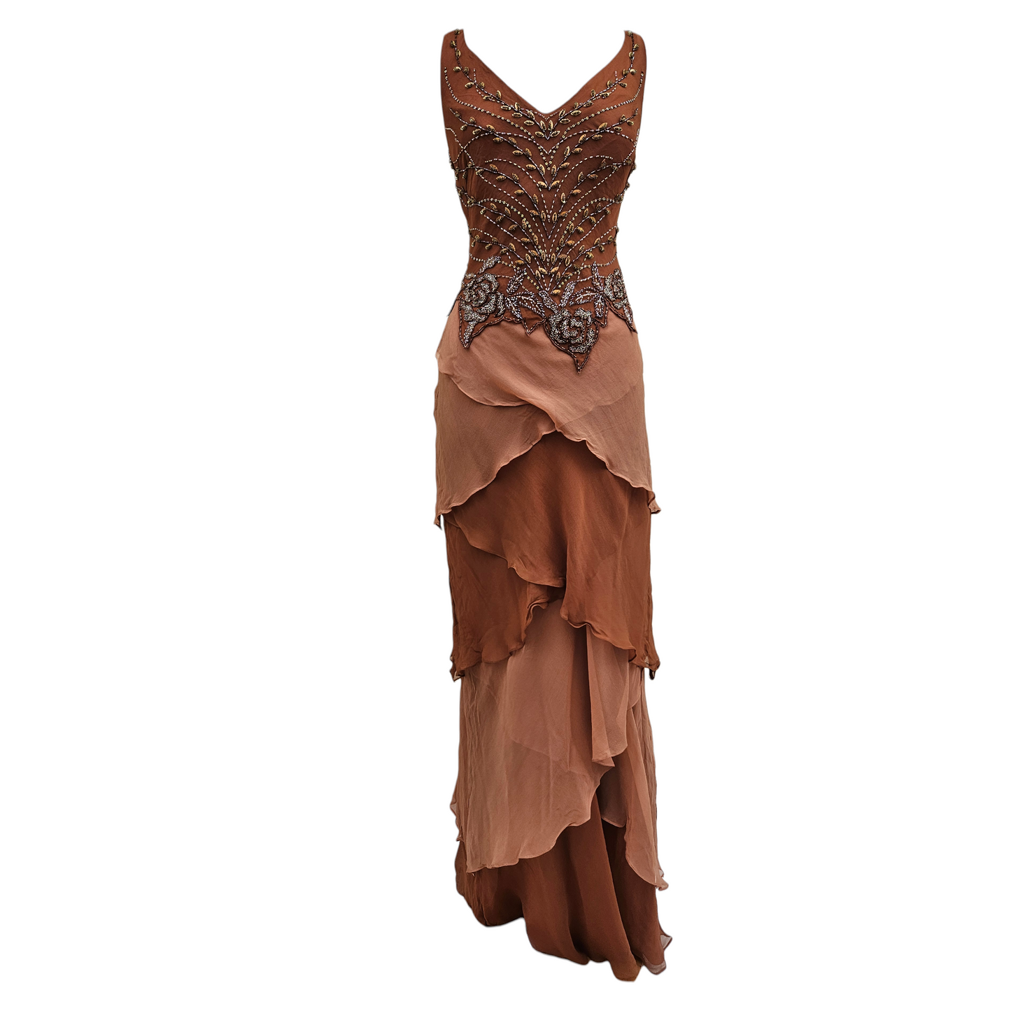 Vintage brown silk beaded evening gown with floral embroidery and layered chiffon skirt, dreamy Y2K fairycore formal dress by Lucid Dream 2007.