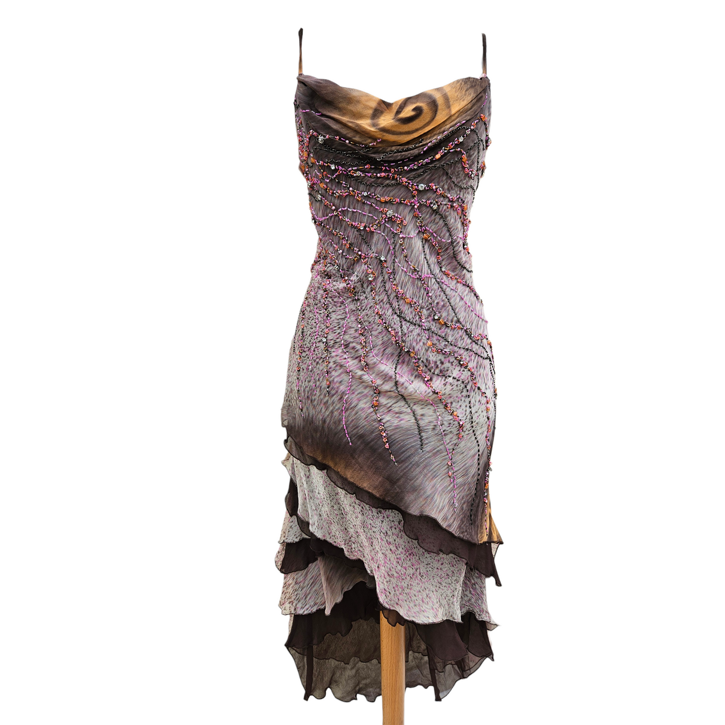 Vintage silk beaded asymmetrical dress with brown and pink tones, dreamy Y2K fairycore evening dress with flowing layered skirt by Lucid Dream 2007.